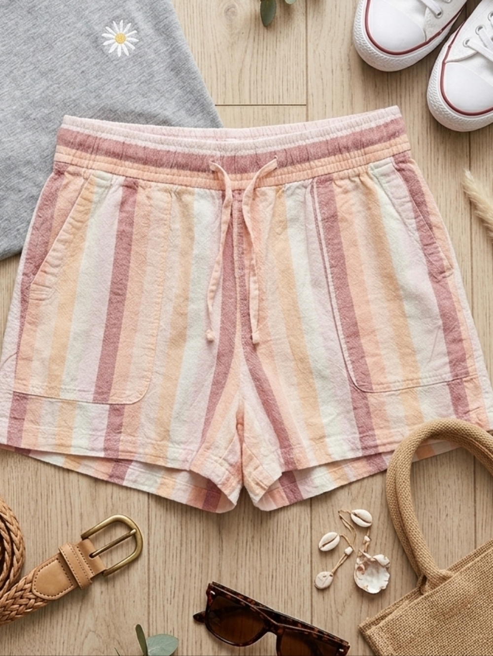 GAP Linen Striped  Women’s Shorts - Pink Cream Peach